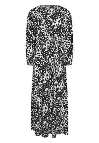Schwarz-weißer Leopardenmuster-Kleid mit langen Ärmeln, einem runden Ausschnitt und einer taillierten Taille, das bis zur Mitte der Waden reicht.