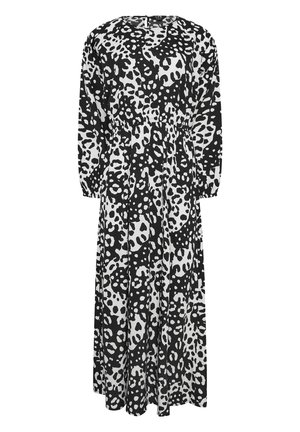 Vestido de leopardo en blanco y negro con mangas largas, escote redondo y cintura ceñida, que llega a la mitad de la pantorrilla.