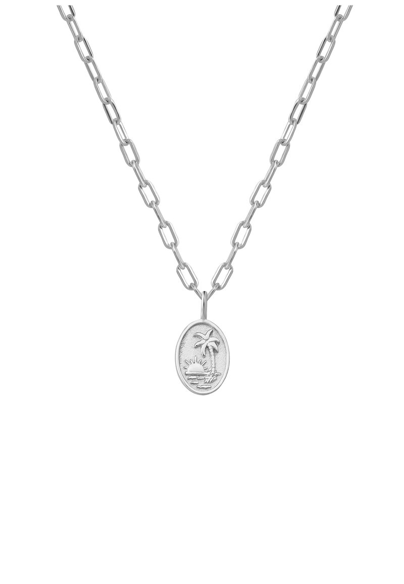 Sidabrinė grandinėlė su ovalo formos pakabuku, kuriame yra palmių medžių ir saulės reljefinis dizainas. Poliruotas paviršius su sujungtų grandinėlių apdaila.