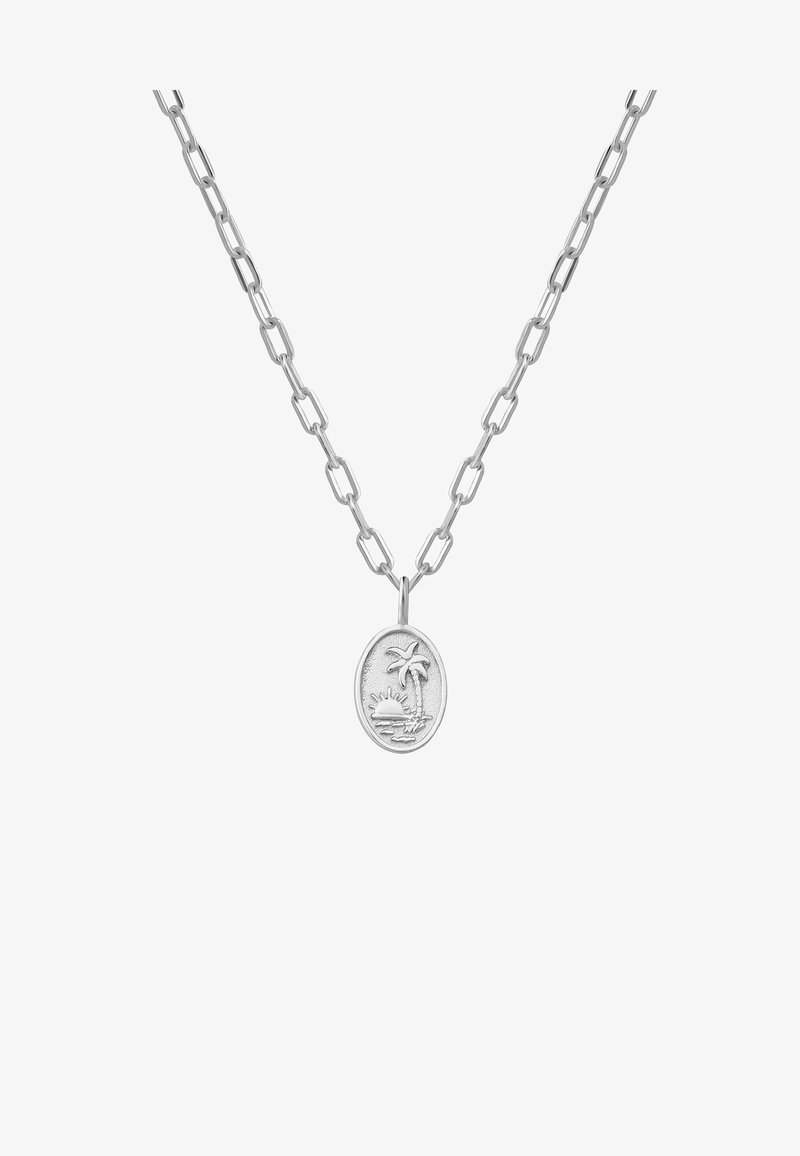 Sidabrinė grandinėlė su ovalo formos pakabuku, kuriame yra palmių medžių ir saulės reljefinis dizainas. Poliruotas paviršius su sujungtų grandinėlių apdaila.