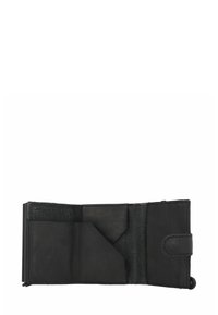 Portafoglio in pelle nera con interno in nabuck; include diversi slot per carte e una chiusura a pressione. Finitura texturizzata con bordi cuciti.