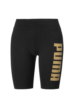 Černé sportovní kraťasy vyrobené z elastického materiálu, s vertikálním zlatým logem "PUMA" na levé noze. Hladký povrch a přiléhavý design.