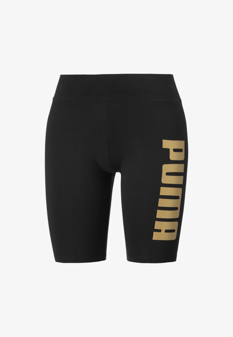 Shorts de sport noirs en tissu élastique, avec un logo "PUMA" doré vertical sur la jambe gauche. Texture lisse et design ajusté.