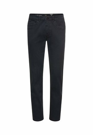 Sorte, slim-fit bukser med for-tryk og lynlås, med for- og baglommer, vist på en hvid baggrund.