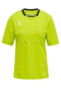 Camicetta verde lime a maniche corte con colletto nero, due taschini sul petto e logo sul lato sinistro. Realizzata in tessuto leggero e liscio.