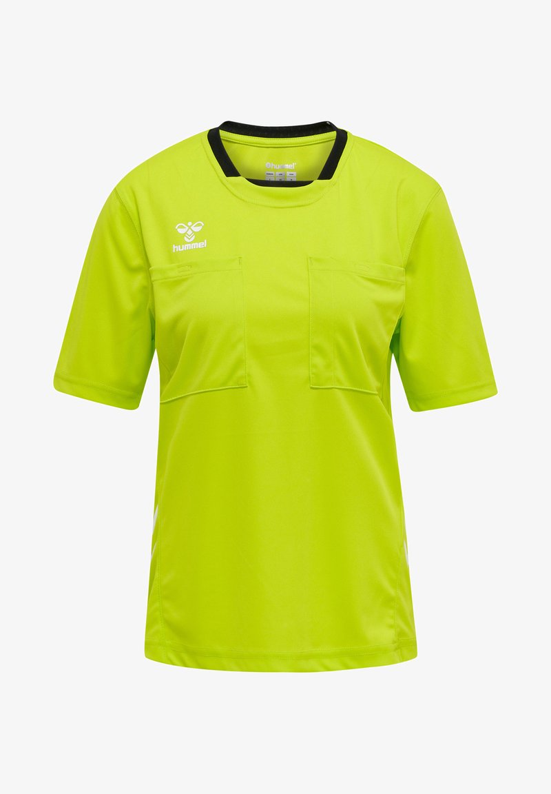 Limonkowa koszula z krótkim rękawem, z czarnym kołnierzykiem, dwiema kieszeniami na piersi oraz logo po lewej stronie. Wykonana z gładkiego, lekkiego materiału.