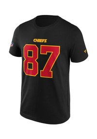 Camiseta negra de manga corta hecha de algodón con el audaz "87" rojo y el texto "CHIEFS" en amarillo. Logo de la NFL en la manga izquierda. Diseño sencillo.