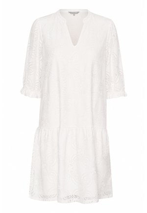 White dress with short, ruffled sleeves, a V-neckline, and a tiered hem. Features a floral lace pattern and soft, textured fabric.