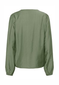 Lange mouwen blouse, lichtgewicht, in olijfgroen. Bevat een ronde hals, gathering op de mouwen en een textuurstof afwerking.