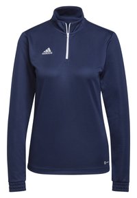 Marineblaue Langarm-Pullover mit einem Viertelreißverschluss, aus glattem Stoff. Verfügbar mit weißem Adidas-Logo auf der linken Brust und strukturierten Bündchen.