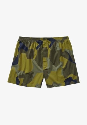 Boxeri so vzorom kamufláže v odtieňoch zelenej, žltej a námornej modrej. Vyrobené z mäkkej tkaniny s elastickým pásom a predným otvorom.