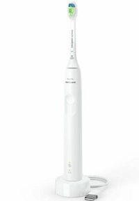 Brosse à dents électrique avec un manche blanc et une tête amovible. Elle dispose d'une tête à poils souples verte et bleue, ainsi qu'une base de chargement avec un câble USB.