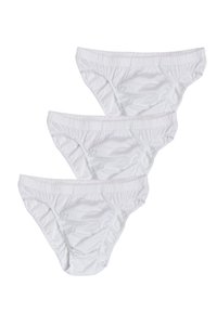 Slip in cotone bianco, caratterizzati da una texture morbida, un elastico in vita e arricciature laterali. Tre paia esposti, che mostrano un design e una vestibilità coerenti.