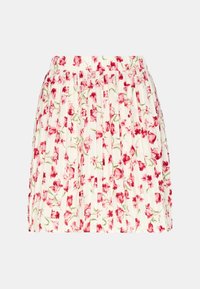 Plisserad kjol i vit tyg med ett blommönster i rosa och gröna toner. Den har en åtsittande midja och en texturerad yta.