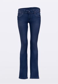 Dark blue flared jeans, denim material, five-pocket design, belt loops, button closure, and subtle wash texture. Full length, fitted through hips.