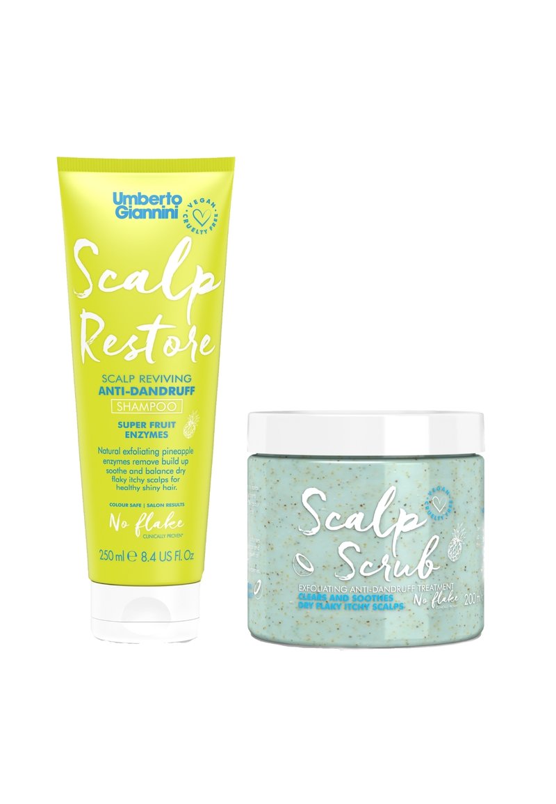 Geel tubetje met groene en blauwe tekst, gelabeld "Scalp Restore," en een blauwe pot met spikkels, gelabeld "Scalp Scrub." Beide zijn haarverzorgingsproducten.