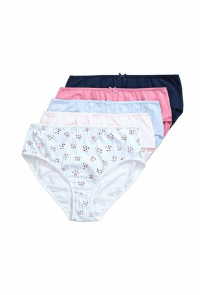 Fünf Paar Damen-Baumwollslips in Marineblau, Pink, Hellblau, Hellrosa und Weiß mit Blumenmuster, jeweils mit einer kleinen Schleife vorne.