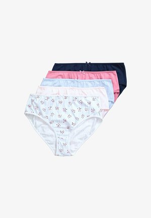Fünf Paar Damen-Baumwollslips in Marineblau, Pink, Hellblau, Hellrosa und Weiß mit Blumenmuster, jeweils mit einer kleinen Schleife vorne.