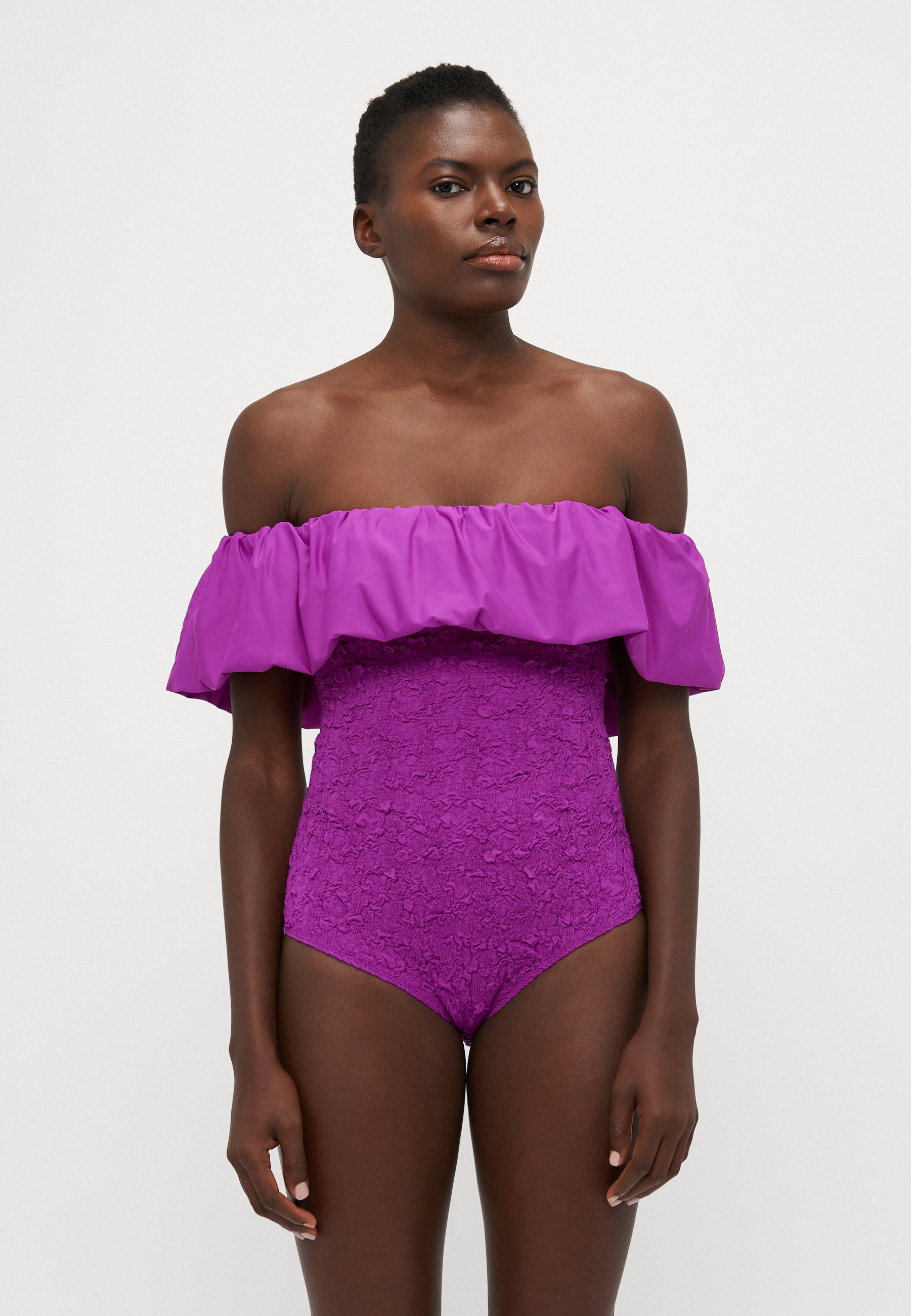smocked off the shoulder swim top