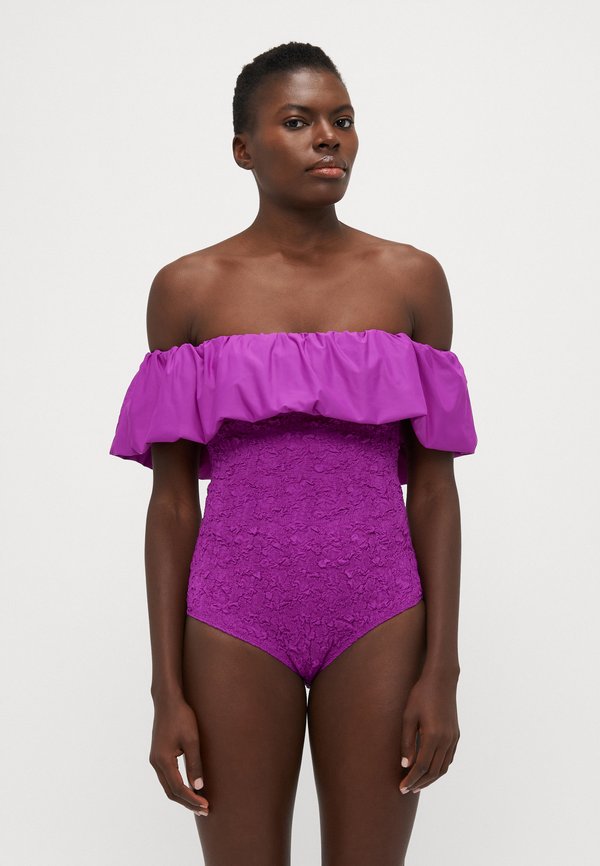 SLONE SOLID SMOCKED RUFFLE OFF SHOULDER ONE PIECE - Swimsuit - violet
