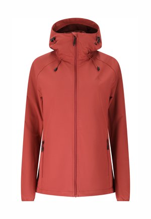 Rød hættetrøje med frontlynlås, justerbare snore i hætten og lynlåslommer i siden, vist på hvid baggrund.