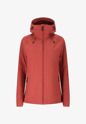 Rød hættetrøje med frontlynlås, justerbare snore i hætten og lynlåslommer i siden, vist på hvid baggrund.