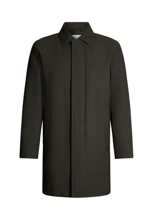 Trench coat impermeabile verde scuro con design dritto, maniche lunghe e collo a punta. Presenta tasche laterali e una finitura pulita.