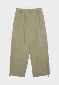 Pantalon cargo ample kaki avec taille élastique, poches latérales à rabats et cordons ajustables à l'ourlet.
