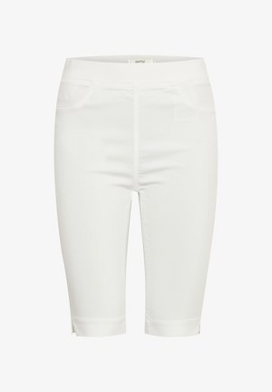 Biele, šortky po kolená vyrobené z hladkej, elastickej tkaniny. Majú pás a dve predné vrecká s čistým strihom.