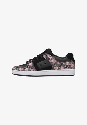 Sneakers with a floral design featuring pink roses on a black background, black synthetic accents, and white rubber sole.