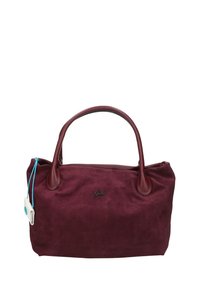 Borsa in suede bordeaux con accenti in pelle e doppi manici. Presenta un logo del marchio e un'etichetta blu attaccata per un tocco di dettaglio. Design spazioso.