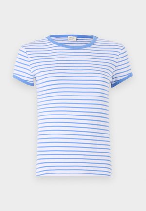 T-shirt a maniche corte bianco con sottili righe blu. Collo e polsini a coste blu; tessuto di cotone morbido e vestibilità standard.