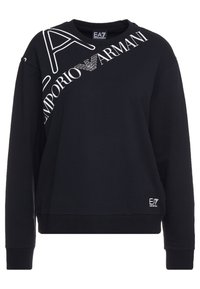 Sudadera negra con cuello redondo, mangas largas y texto de logo en blanco en diagonal en el frontal. Fabricada con material de algodón suave.