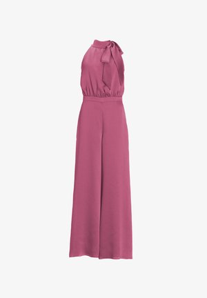 Fuchsia Jumpsuit mit ärmellosem Design, hohem Kragen mit Schleifendetail und weit geschnittenem Bein aus leichtem Stoff.