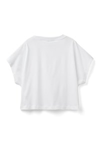 T-shirt bianco a maniche corte, dalla vestibilità rilassata e colletto rotondo. Tessuto in cotone morbido, orlo dritto e design minimalista.