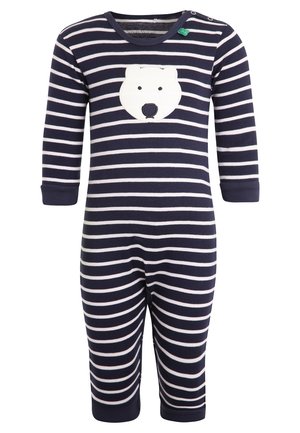Granatowo-biały, w paski, długi kombinezon dla niemowląt z naszywką przedstawiającą twarz niedźwiedzia polarnego na klatce piersiowej oraz z guzikami zatrzaskowymi na ramieniu.