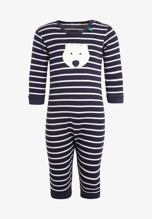 Romper lungo a righe blu navy e bianche con maniche lunghe, decorato con una patch a forma di faccia di orso polare sul petto e bottoni a pressione sulle spalle.