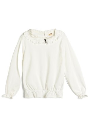 Maglietta bianca a maniche lunghe con colletto arricciato, vita arricciata e abbottonatura sul retro. Tessuto morbido e textured con polsini elasticizzati.