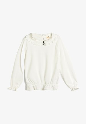 Witte lange mouwen top met een gerimpelde halslijn, een gathering tailleband en een knoopsluiting aan de achterkant. Zachte, gestructureerde stof met elastische manchetten.