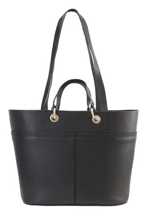 Sac cabas en cuir noir avec doubles poignées courtes et longue bandoulière, anneaux métalliques dorés attachant les poignées au sac.