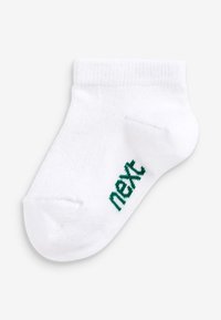 Weißer Baumwollsocken mit geripptem Rand, der auf der Seite den grünen gestickten Text "next" zeigt. Rundspitze und glatte Textur.