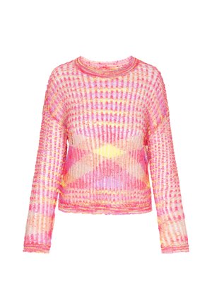 Pull-over léger en tricot rose et orange avec des manches longues, présentant un motif texturé et un col rond.