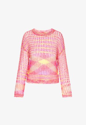 Roza in oranžna lahka pletiva pulover s dolgimi rokavi, ki ima teksturiran vzorec in okroglo ovratnico.
