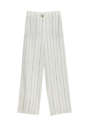 Linnen broek, wit met dunne verticale grijze strepen, wijd uitgesneden ontwerp, middelhoge taille met knoopsluiting en verborgen ritssluiting.