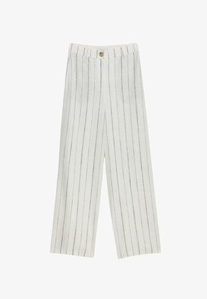 Linnen broek, wit met dunne verticale grijze strepen, wijd uitgesneden ontwerp, middelhoge taille met knoopsluiting en verborgen ritssluiting.