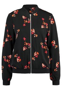 Giubbotto bomber nero con stampa floreale in tonalità di rosso e rosa. Presenta una zip frontale, polsini elastici e vita elastica. Tessuto dalla superficie liscia.
