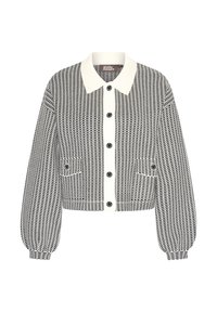 Svart och vit mönstrad kort jacka med en krämfärgad krage, stora knappar och elastiska ärmavslut. Har två främre fickor.