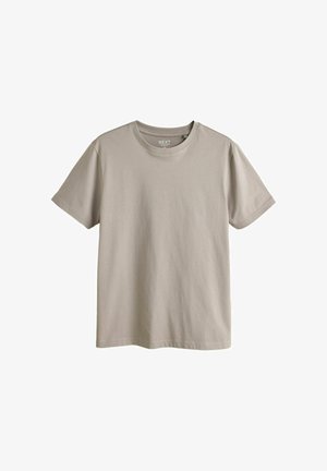 Prosty beżowy T-shirt z krótkim rękawem i okrągłym dekoltem, prezentowany na płasko, bez wzorów ani logo widocznych z przodu.