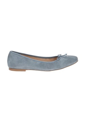 Soft blue suede ballet flat with a rounded toe and a decorative bow at the front. Low, flat sole with a flexible design.
