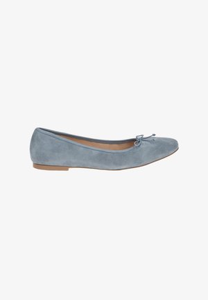 Soft blue suede ballet flat with a rounded toe and a decorative bow at the front. Low, flat sole with a flexible design.